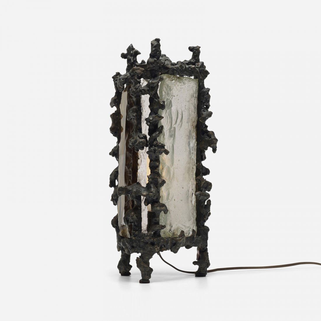 Marcello Fantoni, table lamp: Marcello Fantoni table lamp Fantoni Studio for RaymorItaly, c. 1960bronzed steel, glass8 w x 8.5 d x 17.25 h in (20 x 22 x 44 cm) Impressed signature to base: [Fantoni Firenze Raymor Ita