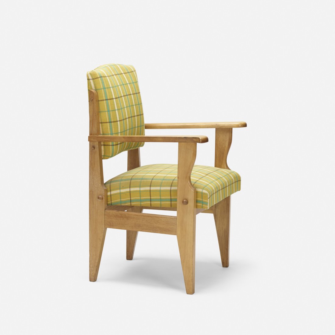 Robert Guillerme and Jacques Chambron, armchair: Robert Guillerme and Jacques Chambron armchair Votre MaisonFrance, c. 1950stained oak, upholstery25.75 w x 23 d x 37.5 h in (65 x 58 x 95 cm) Signed with stamped manufacturer's mark to u