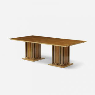 David Linley, dining table: David Linley dining table Linley United Kingdom, c. 1995 sycamore, satinwood, ebony 96 w x 48 d x 30 h in (244 x 122 x 76 cm) Sold with one 24-inch leaf; table measures 120 inches when fully