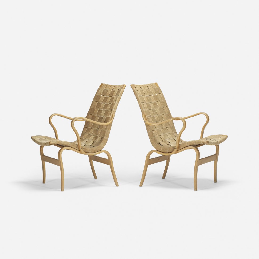 Bruno Mathsson, Eva chairs, pair: Bruno Mathsson Eva chairs, pair Karl MathssonSweden, 1935 / 1978laminated steam-bent beech, canvas23.75 w x 27.5 d x 33 h in (60 x 70 x 84 cm) Signed with branded manufacturer's mark to
