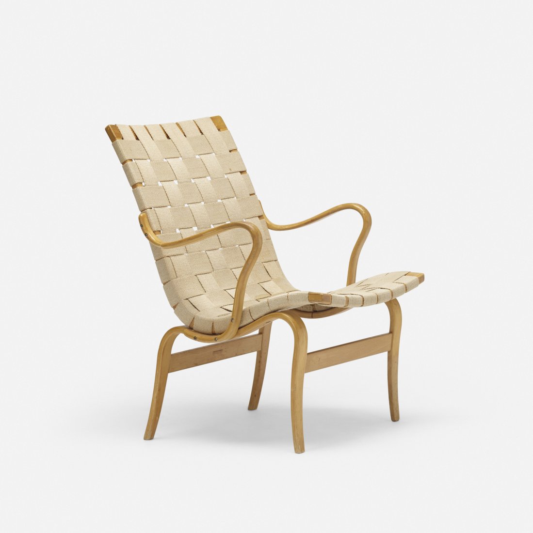 Bruno Mathsson, Eva chair: Bruno Mathsson Eva chair Karl MathssonSweden, 1935 / 1964laminated steam-bent beech, canvas23.25 w x 27.5 d x 33 h in (59 x 70 x 84 cm) Signed with branded manufacturer's mark to frame: