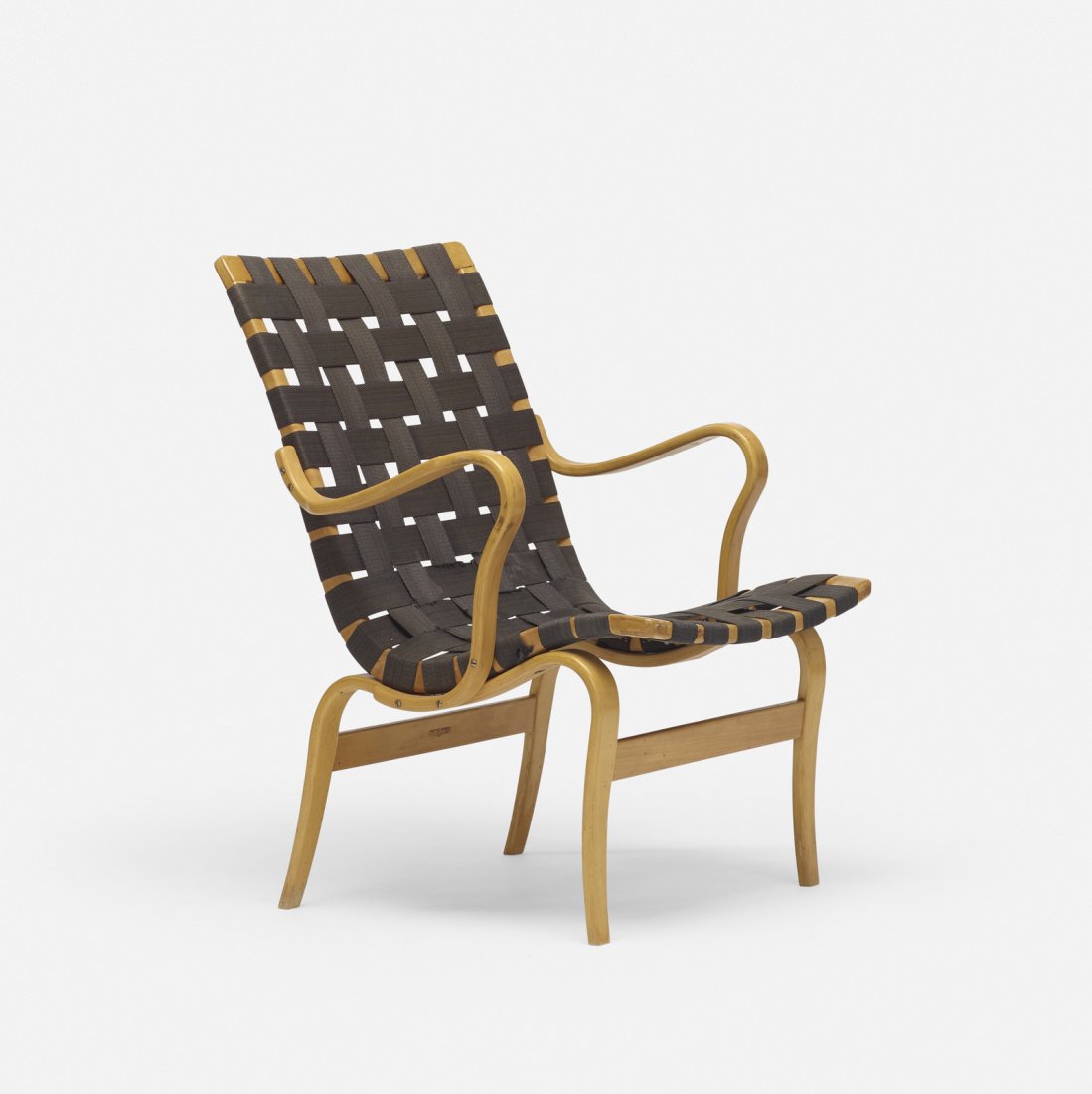 Bruno Mathsson, Eva chair: Bruno Mathsson Eva chair Karl MathssonSweden, 1935 / 1964laminated steam-bent beech, canvas23.25 w x 27.5 d x 32.5 h in (59 x 70 x 83 cm) Signed with branded manufacturer's mark to frame