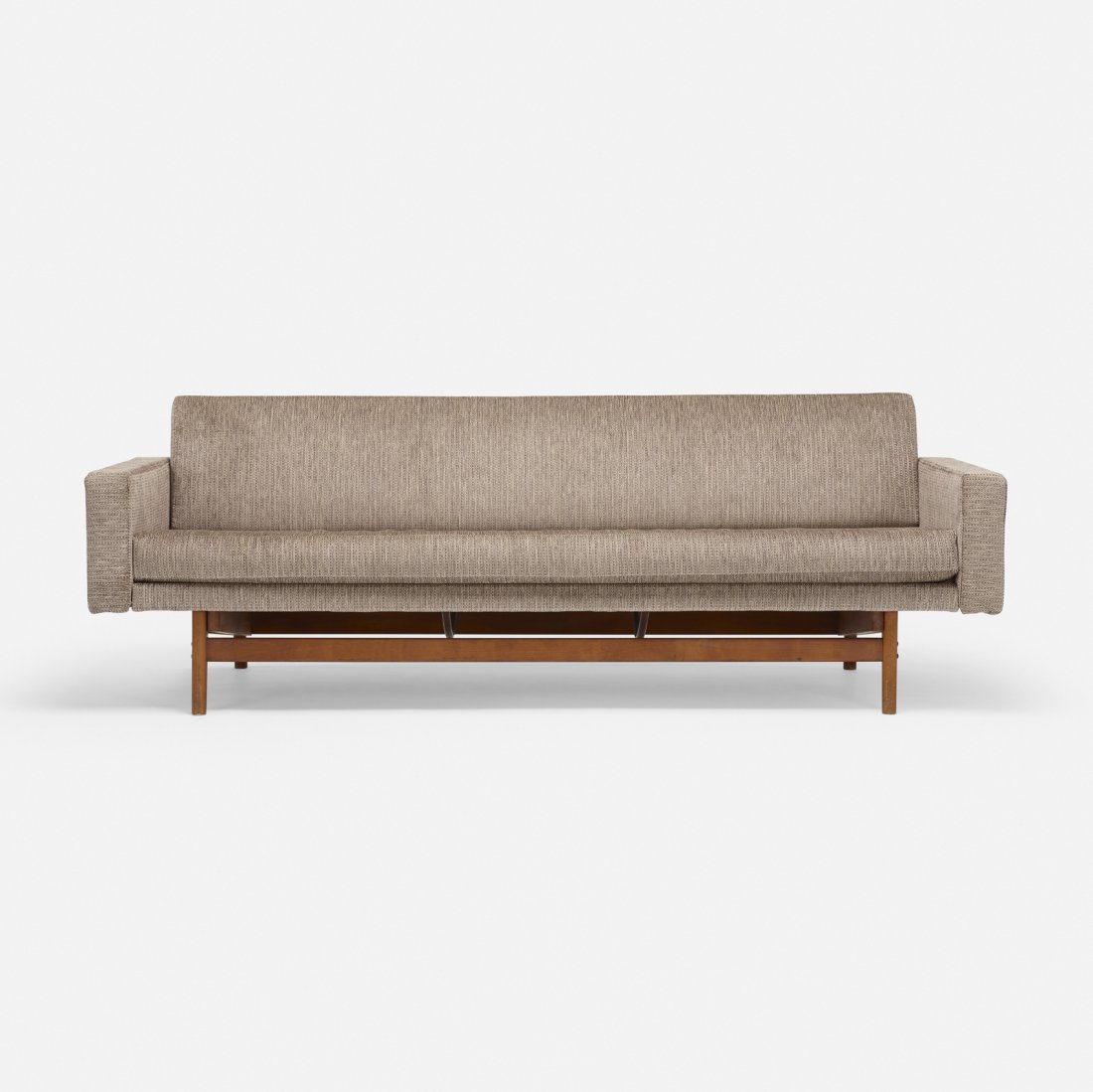 Modern, sofa: Modern sofa USA, c. 1960 upholstery, stained beech 83.5 w x 34 d x 29 h in (212 x 86 x 74 cm)
