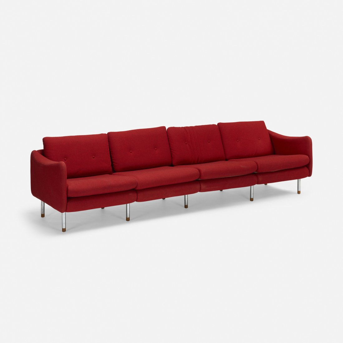Michel Mortier, Teckel sofa: Michel Mortier Teckel sofa SteinerFrance / Germany, 1963upholstery, chrome-plated steel, beech103 w x 30 d x 27 h in (262 x 76 x 69 cm) Signed with applied metal manufacturer's label to