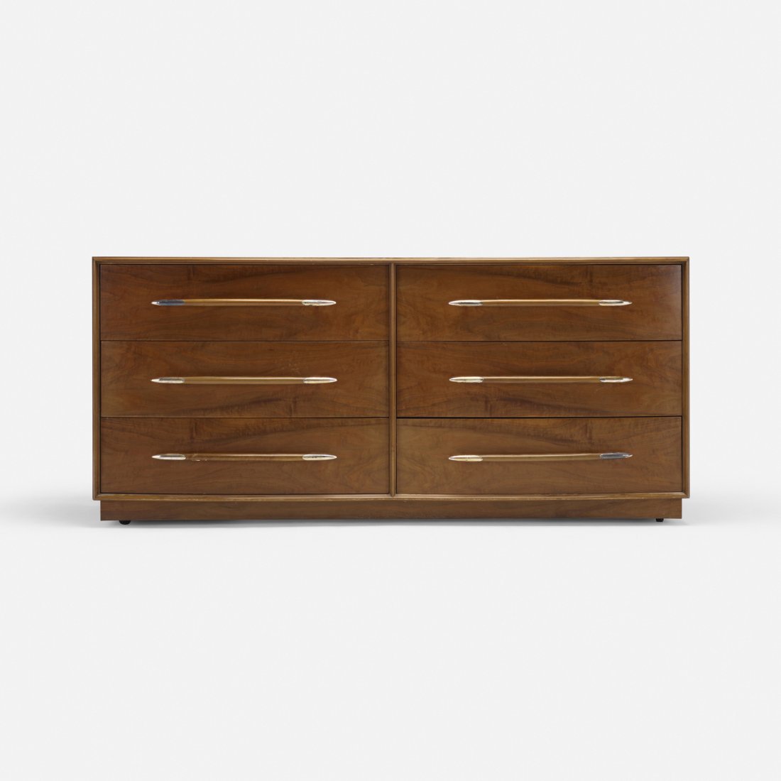 T.H. Robsjohn-Gibbings, cabinet: T.H. Robsjohn-Gibbings cabinet WiddicombUnited Kingdom / USA, c. 1955walnut, chrome-plated brass67 w x 22 d x 30.5 h in (170 x 56 x 77 cm) Cabinet features six drawers. Signed with appli