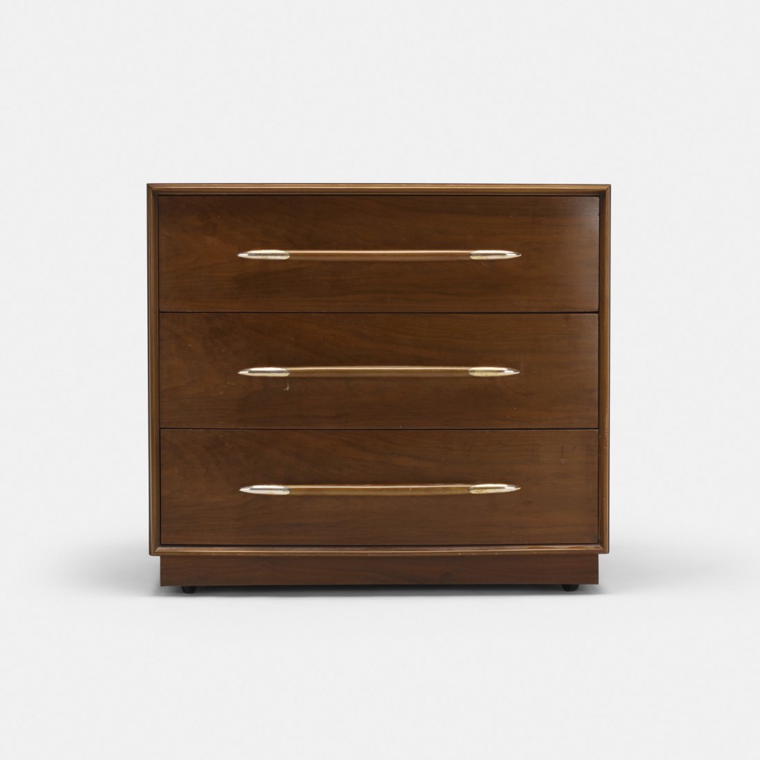 T.H. Robsjohn-Gibbings, cabinet: T.H. Robsjohn-Gibbings cabinet WiddicombUnited Kingdom / USA, c. 1955walnut, chrome-plated brass34 w x 22 d x 30.5 h in (86 x 56 x 77 cm) Cabinet features three drawers. Signed with appl