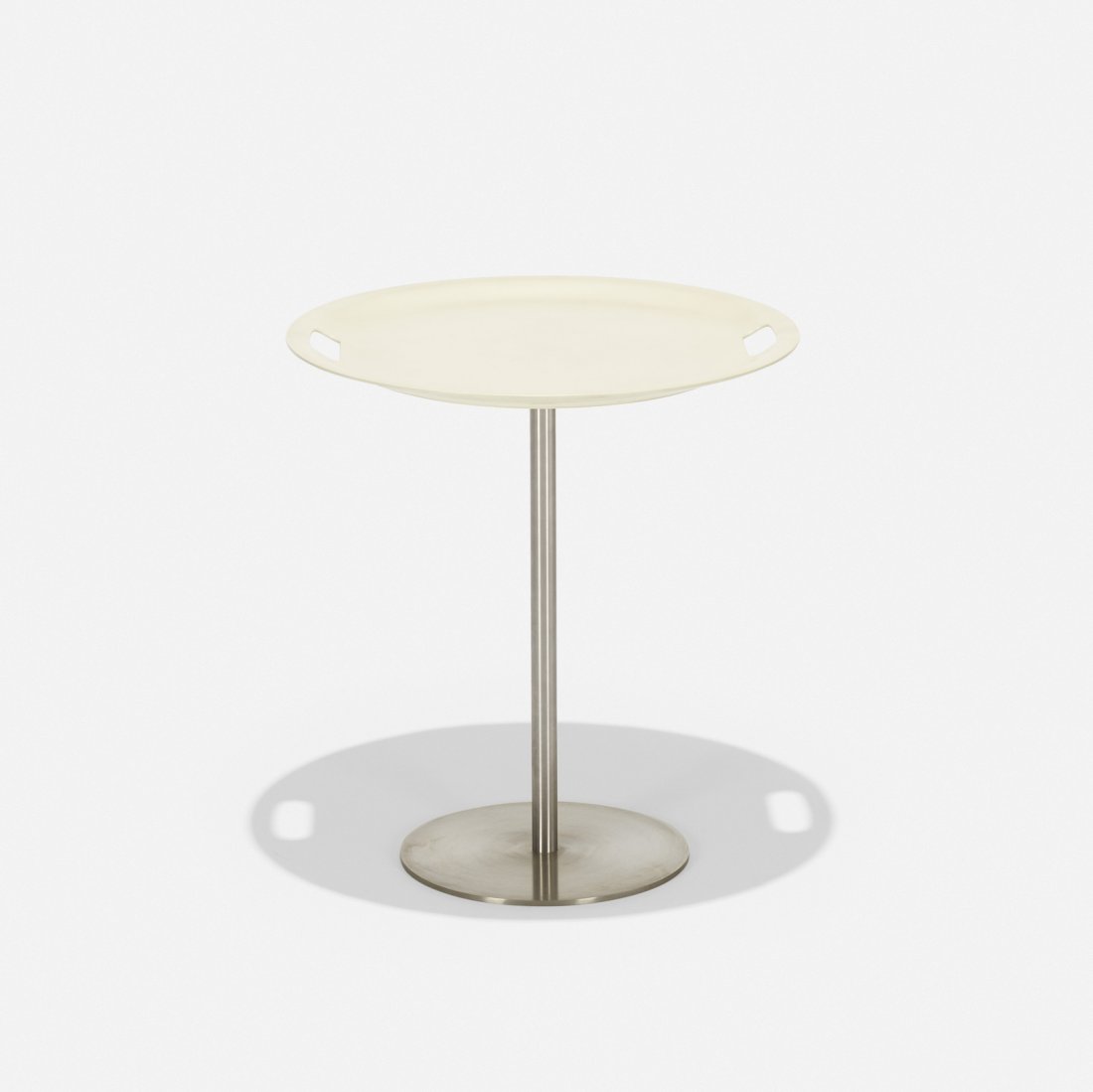 Jasper Morrison, Op-La tray table: Jasper Morrison Op-La tray table AlessiUnited Kingdom / Italy, 1998molded plastic, stainless steel19 dia x 20 h in (48 x 51 cm) Table features removable tray top. Signed with molded manufac