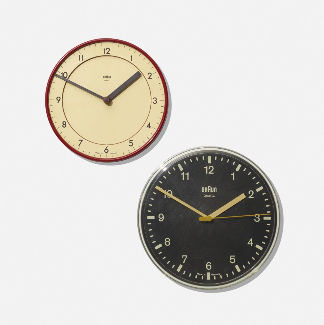 Dieter Rams and Dietrich Lubs, wall clocks, set of two: Dieter Rams and Dietrich Lubs wall clocks, set of two Braun AGGermany, 1979/1985plastic8.25 dia x 2.25 h in (21 x 6 cm) Set includes one ABK 20 wall clock by Dietrich Lubs, 1985, and