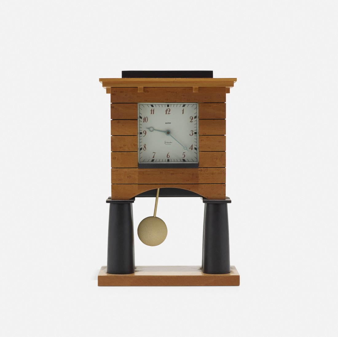 Michael Graves, Mantle Clock: Michael Graves Mantle Clock AlessiUSA / Italy, 1986bird's-eye maple, lacquered wood, glass, plastic6.25 w x 3.5 d x 9.5 h in (16 x 9 x 24 cm) Signed with applied manufacturer's label to lid