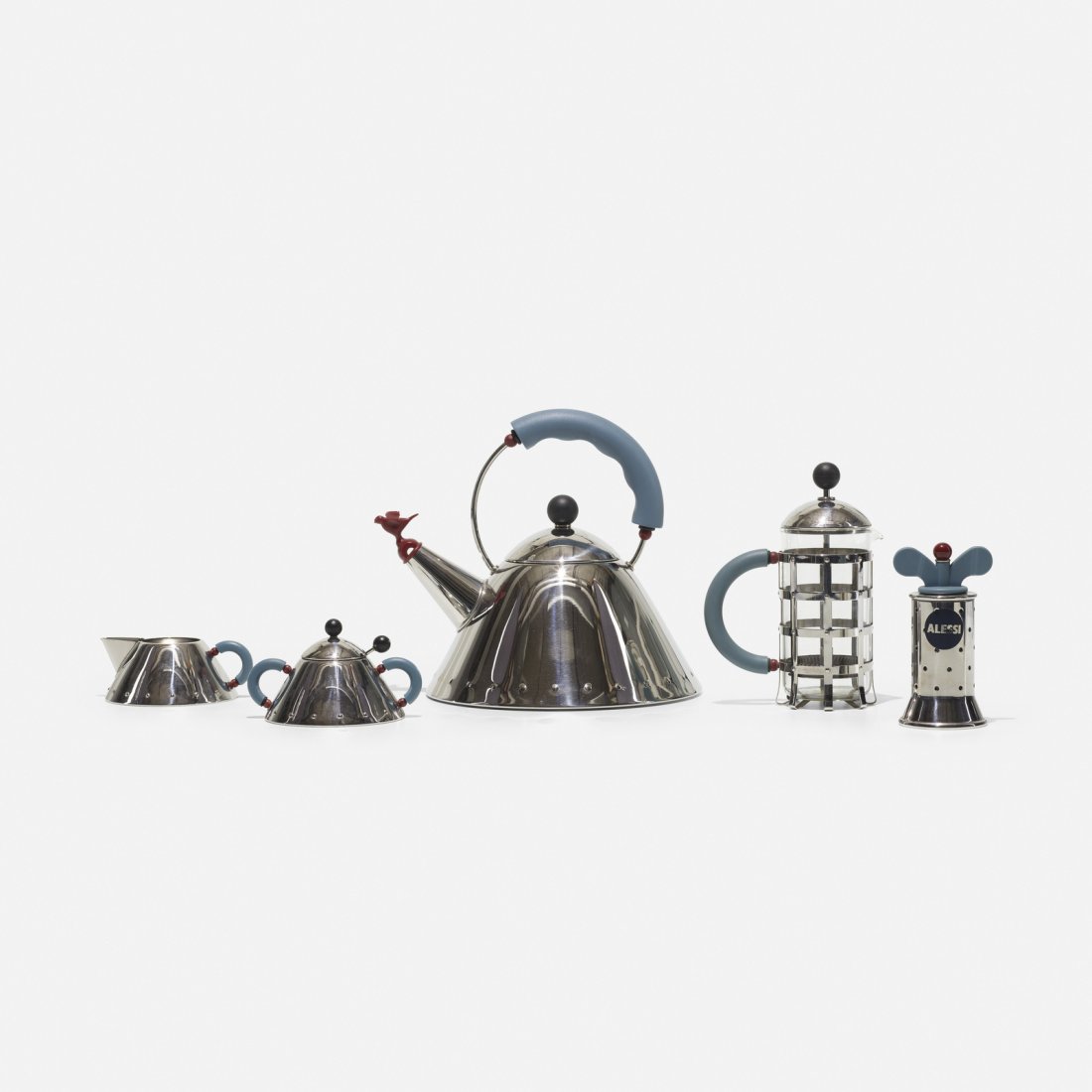 Michael Graves, coffee and tea service: Michael Graves coffee and tea service AlessiUSA / Italy, 1985stainless steel, molded plastic, molded polyurethane, glass10 w x 8.75 d x 9.4 h in (25 x 22 x 24 cm) Service includes one 9093