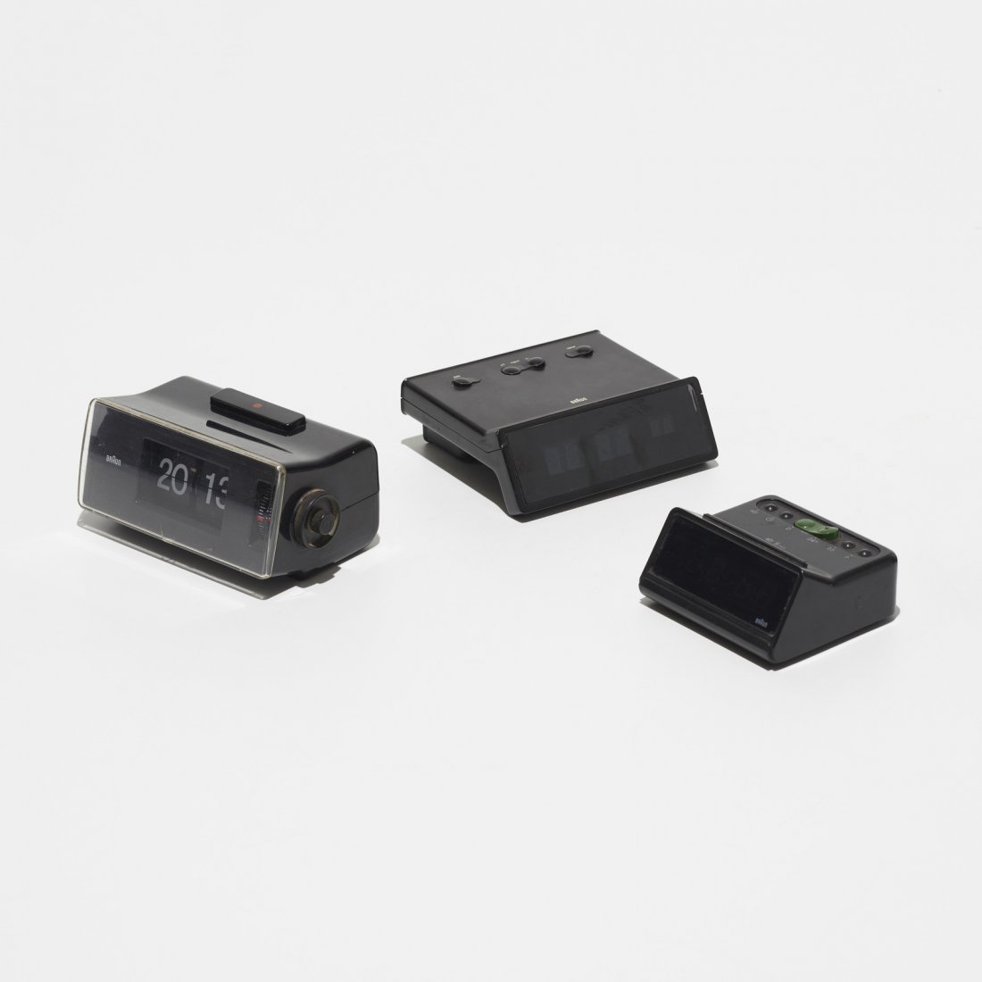 Dieter Rams & Dietrich Lubs, three alarm clocks: Dieter Rams and Dietrich Lubs collection of three alarm clocks BraunGermany, 1972-1983plastic, enameled aluminum5.75 w x 5 d x 2 h in (15 x 13 x 5 cm) Collection includes one Phase 2