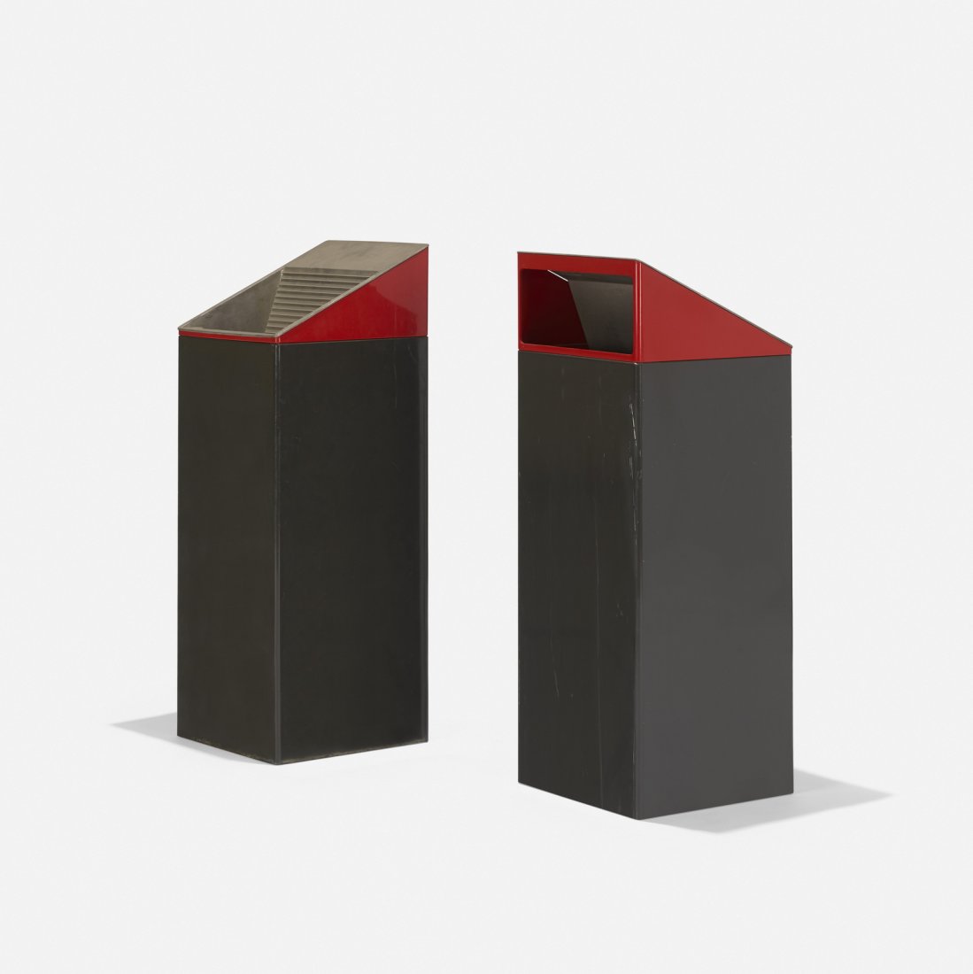 Kartell, wastebaskets, pair: Kartell wastebaskets, pair Italy, c. 1970 molded plastic, cast aluminum 11.25 w x 11.25 d x 30.25 h in (29 x 29 x 77 cm) Signed with molded manufacturer's mark to each example: [Kartell Made in Ita