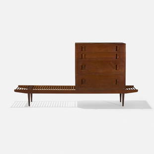 Milo Baughman and Stanley Young, bench with cabinet: Milo Baughman and Stanley Young bench with cabinet Glenn of CaliforniaUSA, c. 1950stained walnut, brass81 w x 19 d x 41.75 h in (206 x 48 x 106 cm) This cabinet by Stanley Young is distingu