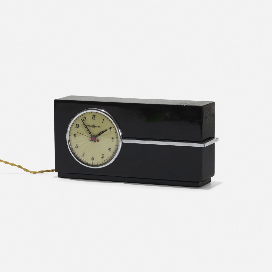 Gilbert Rohde, table clock: Gilbert Rohde table clock Herman Miller Clock CompanyUSA, c. 1935lacquered wood, chrome-plated steel, aluminum, stencil on acrylic, glass10.25 w x 3 d x 5.25 h in (26 x 8 x 13 cm) Signed wi