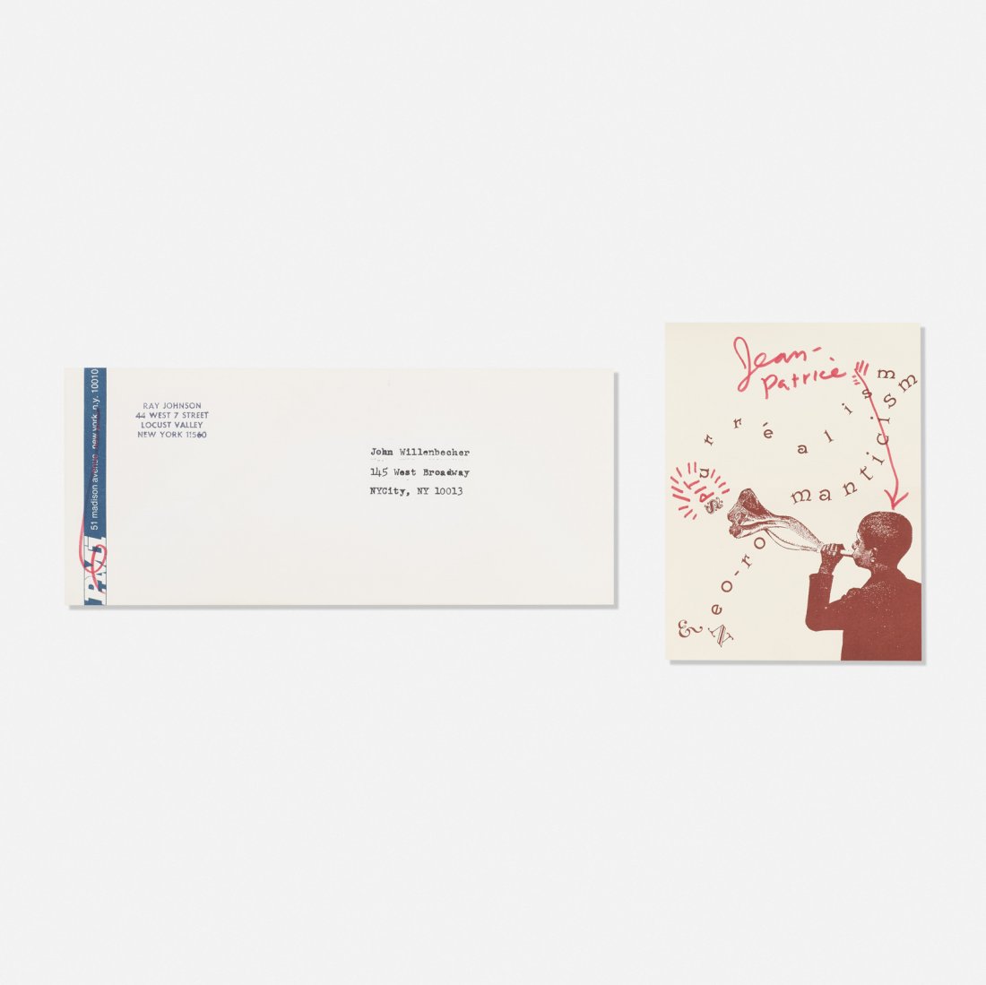 Ray Johnson, Untitled (Jean-Patrice Spit): Ray Johnson Untitled (Jean-Patrice Spit) c. 1970ink on paper6 h x 4.5 w in (15 x 11 cm) Inscribed to collage 'Jean-Patrice Spit'. Stamped signature to envelope 'Ray Johnson'. Sold with envelope a