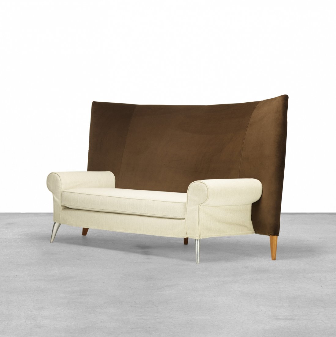 Philippe Starck, Royalton sofa: Philippe Starck Royalton sofa DriadeFrance / Italy, 1991upholstery, cast aluminum, cherry81 w x 40 d x 43.5 h in (206 x 102 x 110 cm)