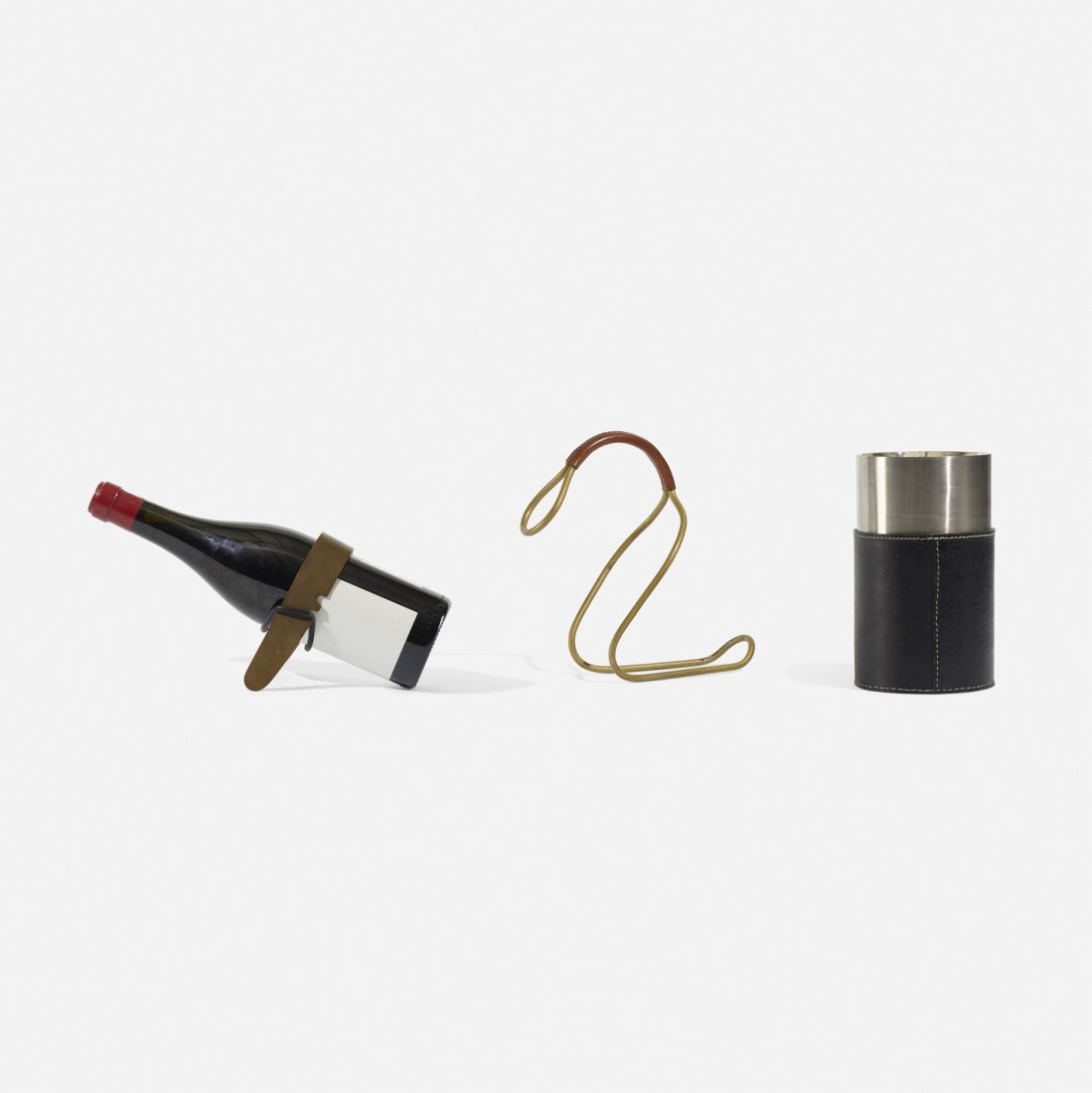 Carl Aubock II & III, collection of wine accessories: Carl Aubock II and Carl Aubock III collection of wine accessories Austria, c. 1950stainless steel, leather, vinyl, brass, enameled steel, rubber5 dia x 8.25 h in (13 x 21 cm) Collection includes