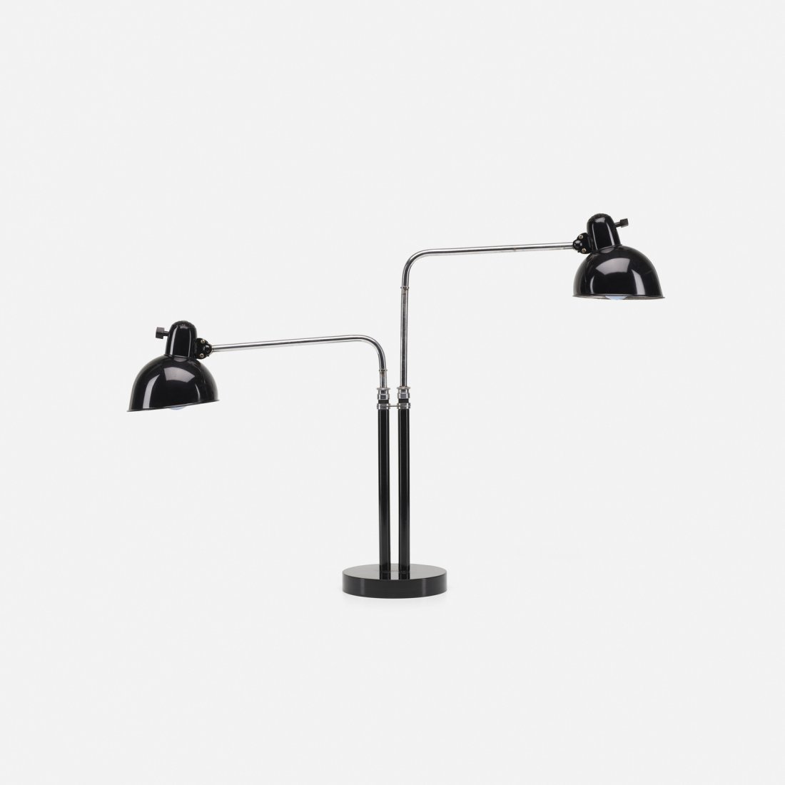 Christian Dell, Double Dell table lamp: Christian Dell Double Dell table lamp Kaiser & Co.Germany, 1933enameled steel, chrome-plated brass, Bakelite37 w x 23 d x 20 h in (94 x 58 x 51 cm) Signed with cast manufacturer's mark to e