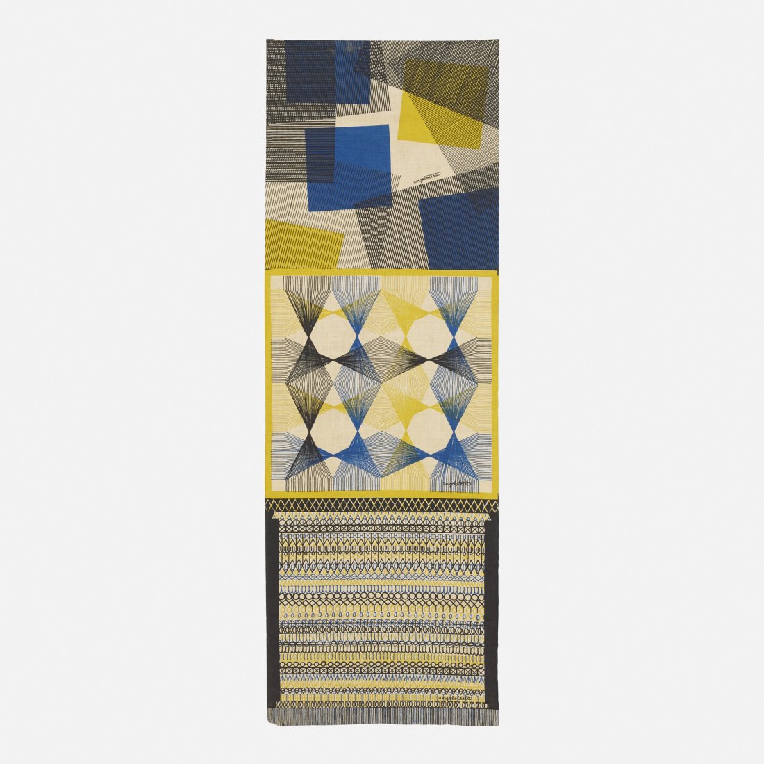 Angelo Testa, Untitled: Angelo Testa Untitled USA, 1957silkscreen on fabric16.5 w x 50.25 h in (42 x 128 cm) Signed to each section: [Angelo Testa]. Provenance: Rago, The Life Collection of An