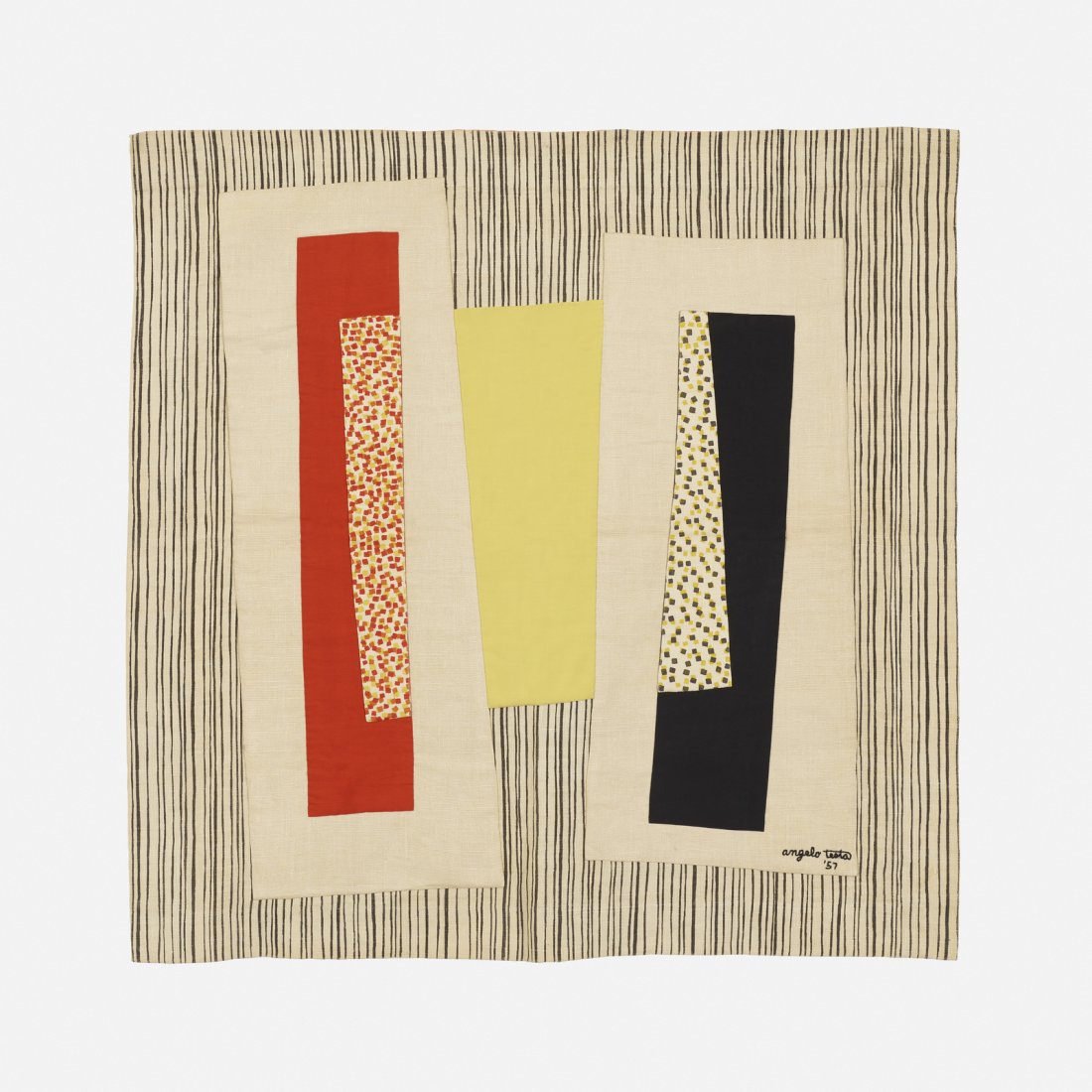 Angelo Testa, Untitled (fabric collage): Angelo Testa Untitled (fabric collage) USA, 1957printed fabric32.25 w x 32.25 h in (82 x 82 cm) Signed and dated to edge: [Angelo Testa 57]. Provenance: Rago, The Life