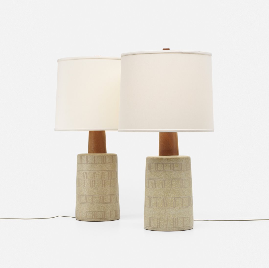 Gordon and Jane Martz, table lamps, pair: Gordon and Jane Martz table lamps, pair USA, c. 1955glazed stoneware, walnut, linen16 dia x 30.5 h in (41 x 77 cm) Impressed signature to back of each example: [Martz].