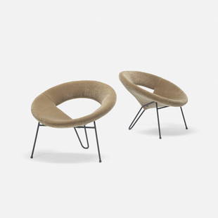 Henri Lancel, Satellite lounge chairs, pair: Henri Lancel Satellite lounge chairs, pair France/Switzerland, c. 1950upholstery, enameled steel32 w x 29 d x 26 h in (81 x 74 x 66 cm)