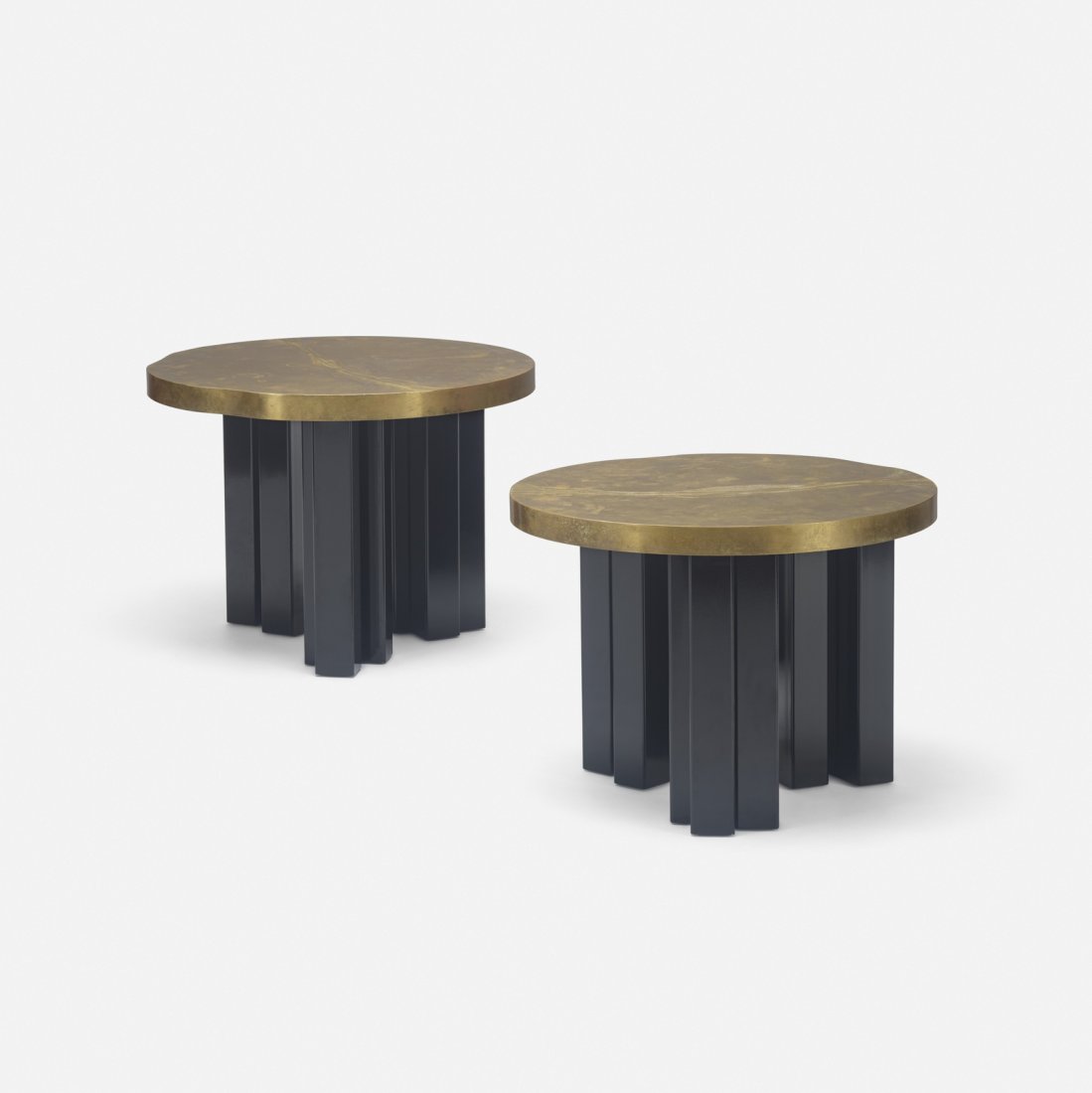 Christian Krekels, occasional table, pair: Christian Krekels occasional table, pair Belgium, c. 1975 / 1994etched brass, enameled steel23.25 dia x 17.25 h in (59 x 44 cm) Incised signature and date to each example: [Christian Krekels 1994