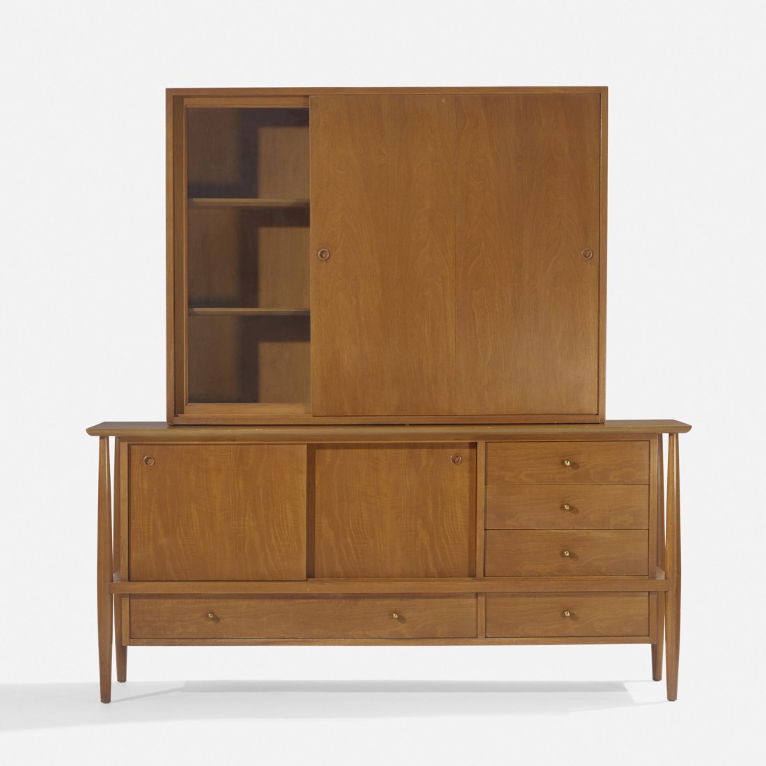 Finn Juhl, credenza and cabinet: Finn Juhl credenza and cabinet John Stuart, Inc.Denmark / USA, c. 1951walnut, brass, glass66 w x 19 d x 67.5 h in (168 x 48 x 171 cm) Credenza features one compartment with and five drawers