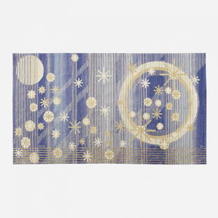 Barbro Nilsson, rare Sol mane och stjärnor tapestry: Barbro Nilsson rare Sol mane och stjärnor tapestry Marta Maas-Fjetterstrom ABSweden, 1965hand-woven wool59 w x 106 l in (150 x 269 cm) Woven signature to edge: [AB MMF BN].This design