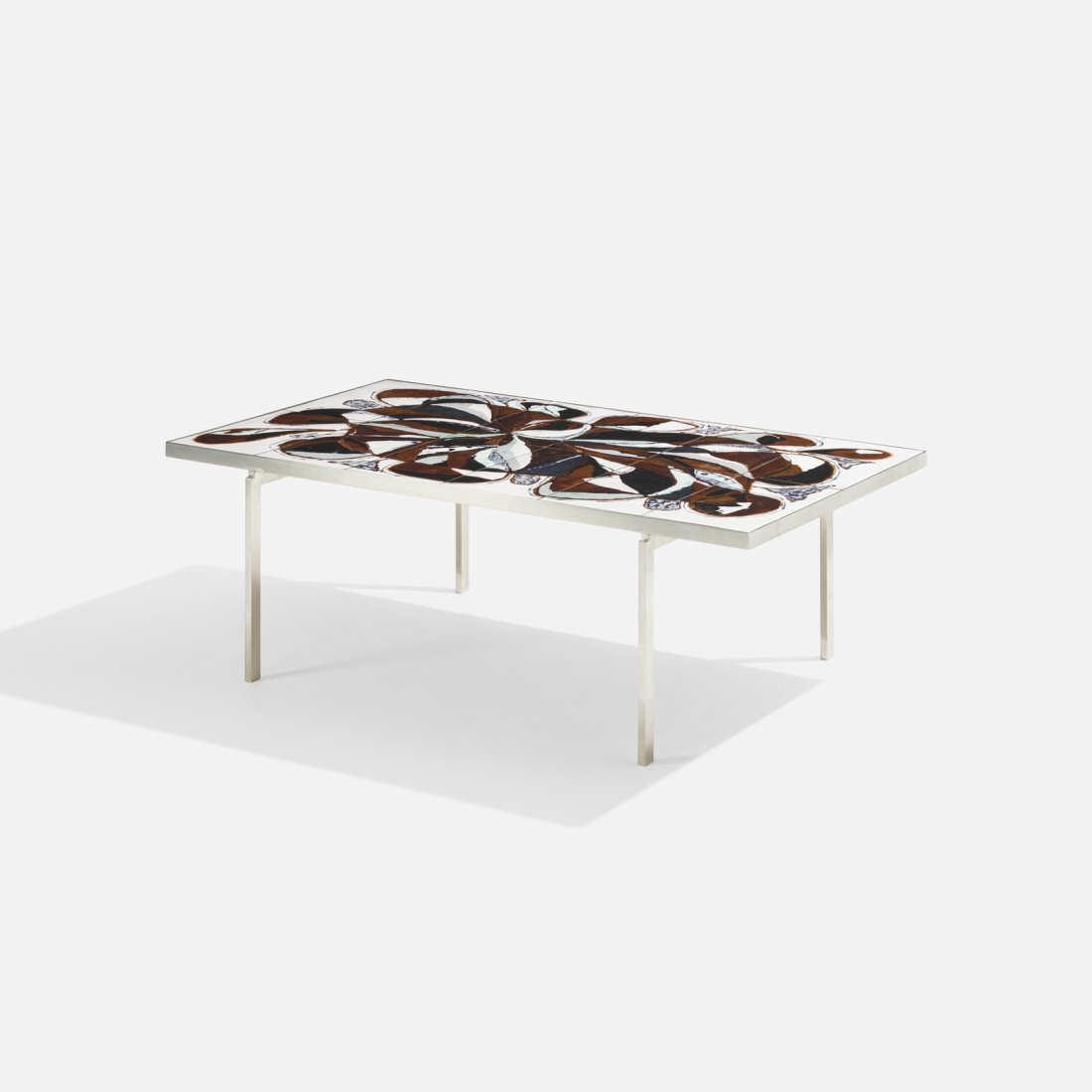 Bodil Eje, coffee table: Bodil Eje coffee table Denmark, c. 1960fire-enameled copper, stainless steel50 w x 30.25 d x 17.25 h in (127 x 77 x 44 cm) Glazed signature to top: [Eje].