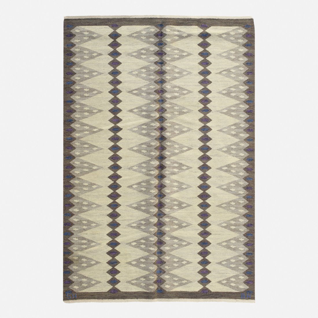 Berit Koenig, flatweave carpet: Berit Koenig flatweave carpet Svensk HemslojdSweden, c. 1955hand-woven wool52 w x 79 l in (132 x 201 cm) Woven signature to edge: [SH BK].