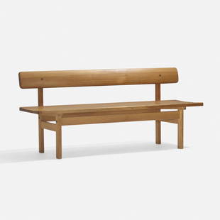 Borge Mogensen, bench: Borge Mogensen bench Karl Andersson & SonerDenmark, c. 1960pine67 w x 20.25 d x 30 h in (170 x 51 x 76 cm) Signed with decal manufacturer's label to underside: [Karl Anderson & Soner Huskva