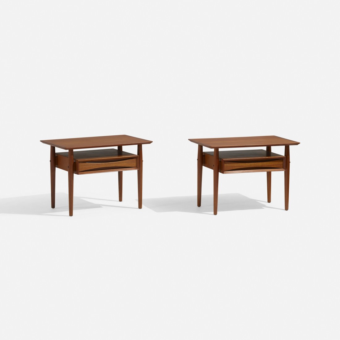 Arne Vodder, nightstands, pair: Arne Vodder nightstands, pair Sibast FurnitureDenmark, c. 1960teak27.5 w x 18 d x 19.5 h in (70 x 46 x 50 cm) Each nightstand features one drawer.