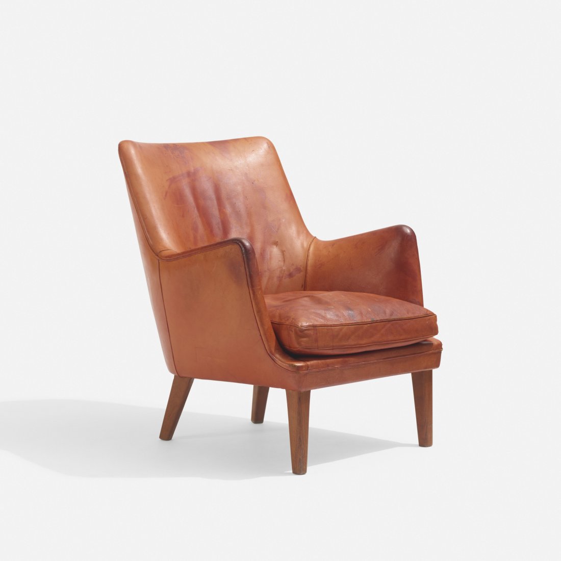 Arne Vodder, lounge chair: Arne Vodder lounge chair Ivan SchlechterDenmark, 1953leather, teak27.5 w x 29 d x 32 h in (70 x 74 x 81 cm) Signed with applied metal manufacturer's label to underside: [K. Ivan Schlechter