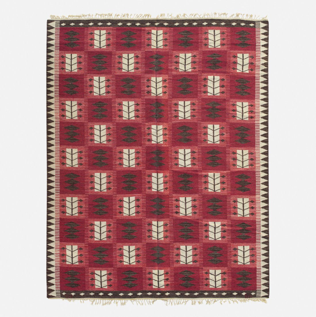 Berit Koenig, flatweave carpet: Berit Koenig flatweave carpet Svensk HemslojdSweden, c. 1950hand-woven wool97 w x 125 l in (246 x 317 cm) Woven signature to edge: [SH BK].