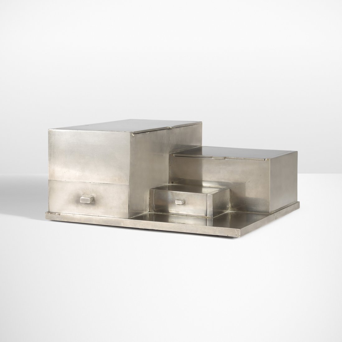 Robert Mallet-Stevens, Rare tobacco box: Robert Mallet-Stevens Rare tobacco box Maison DesnyFrance, c. 1928nickel-plated brass8.25 w x 9 d x 4 h in (21 x 23 x 10 cm) Provenance: Dan Klein, London | Private Collect