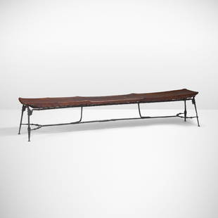 Sido and Francois Thevenin, Rare bench: Sido and Francois Thevenin Rare bench Sawaya & Moroni France, c. 1984 wrought iron, leather, brass 95.5 w x 16 d x 19 h in (243 x 41 x 48 cm) Signed with branded designers' cipher to leather: [SF].