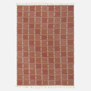 Barbro Nilsson, rare Falurutan flatweave carpet: Barbro Nilsson rare Falurutan flatweave carpet Marta Maas-Fjetterstrom AB Sweden, 1952 hand-woven wool 94 w x 138 l in (239 x 351 cm) Woven signature to edge: [AB MMF BN]. Provenance: Wright,