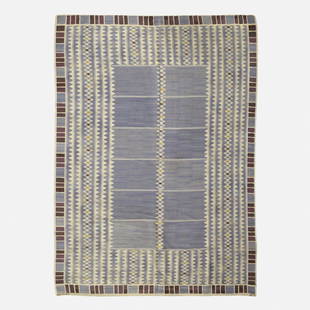 Barbro Nilsson, Salerno flatweave carpet: Barbro Nilsson Salerno flatweave carpet Marta Maas-Fjetterstrom ABSweden, 1948hand-woven wool94 w x 126 l in (239 x 320 cm) Woven signature to edge: [AB MMF BN]. Literature:<