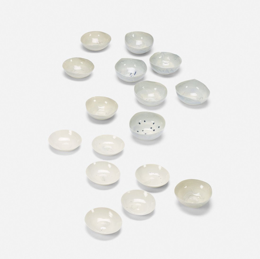 Jill Bonovitz, collection of sixteen bowls: Jill Bonovitz collection of sixteen bowls USA, c. 2010glazed porcelain with applied decoration7 dia x 3 h in (18 x 8 cm) Provenance: Estate of Marion Boulton Stroud, Philadelphia