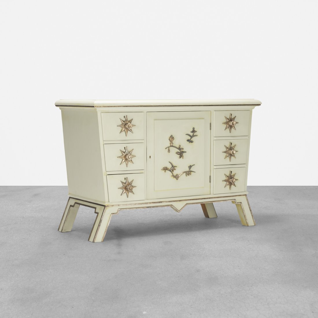 Paul Laszlo, attribution, cabinet: Paul Laszlo, attribution cabinet Germany, c. 1925lacquered wood, silverleaf over carved wood50.5 w x 24 d x 35.5 h in (128 x 61 x 90 cm) Cabinet features six drawers and one door concealing stora