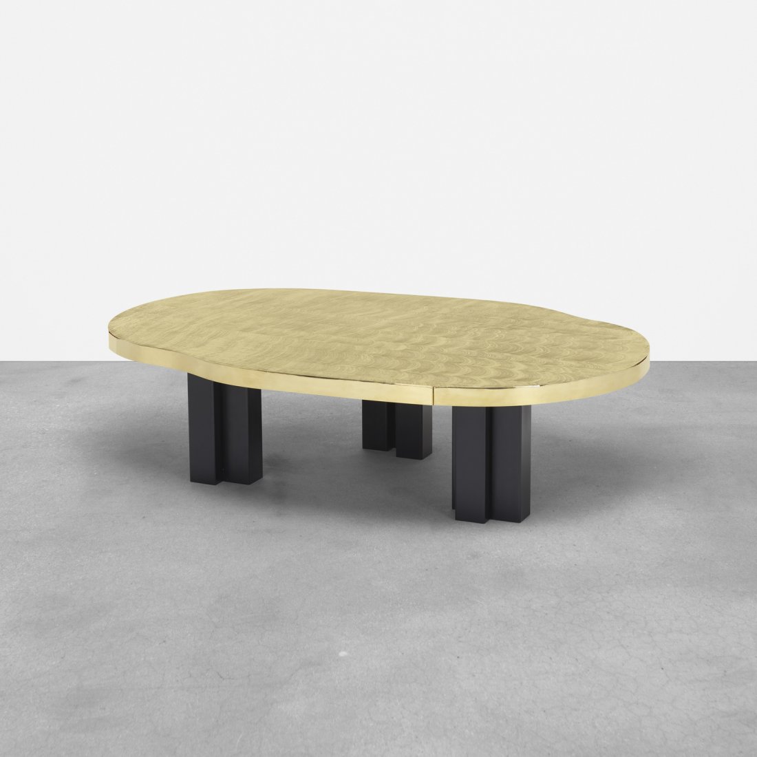 Christian Krekels, coffee table: Christian Krekels coffee table Belgium, c. 1980etched brass, enameled steel58.5 w x 38.25 d x 16 h in (149 x 97 x 41 cm) Incised signature to top: [Christian Krekels].