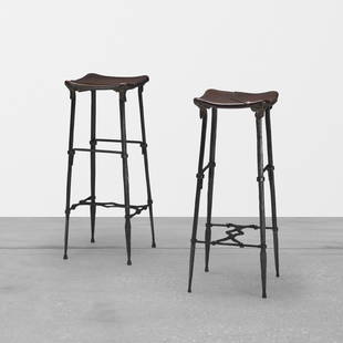 Sido and Francois Thevenin, Ups stools, pair: Sido and Francois Thevenin Ups stools, pair Sawaya & MoroniFrance, 1984wrought iron, leather, brass14 w x 14 d x 34 h in (36 x 36 x 86 cm) Signed with applied foil manufacturer's label to e