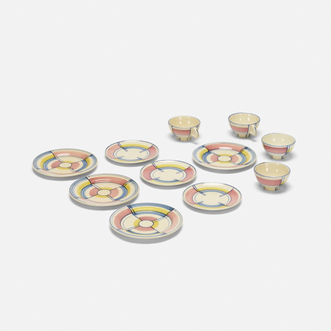 Eva Zeisel, Mondrian tableware service: Eva Zeisel Mondrian tableware service Schramberger MajolikafabrikHungary / Germany, 1929hand-painted and glazed ceramic7.5 dia x 0.5 h in (19 x 1 cm) Service includes four plates, four cups