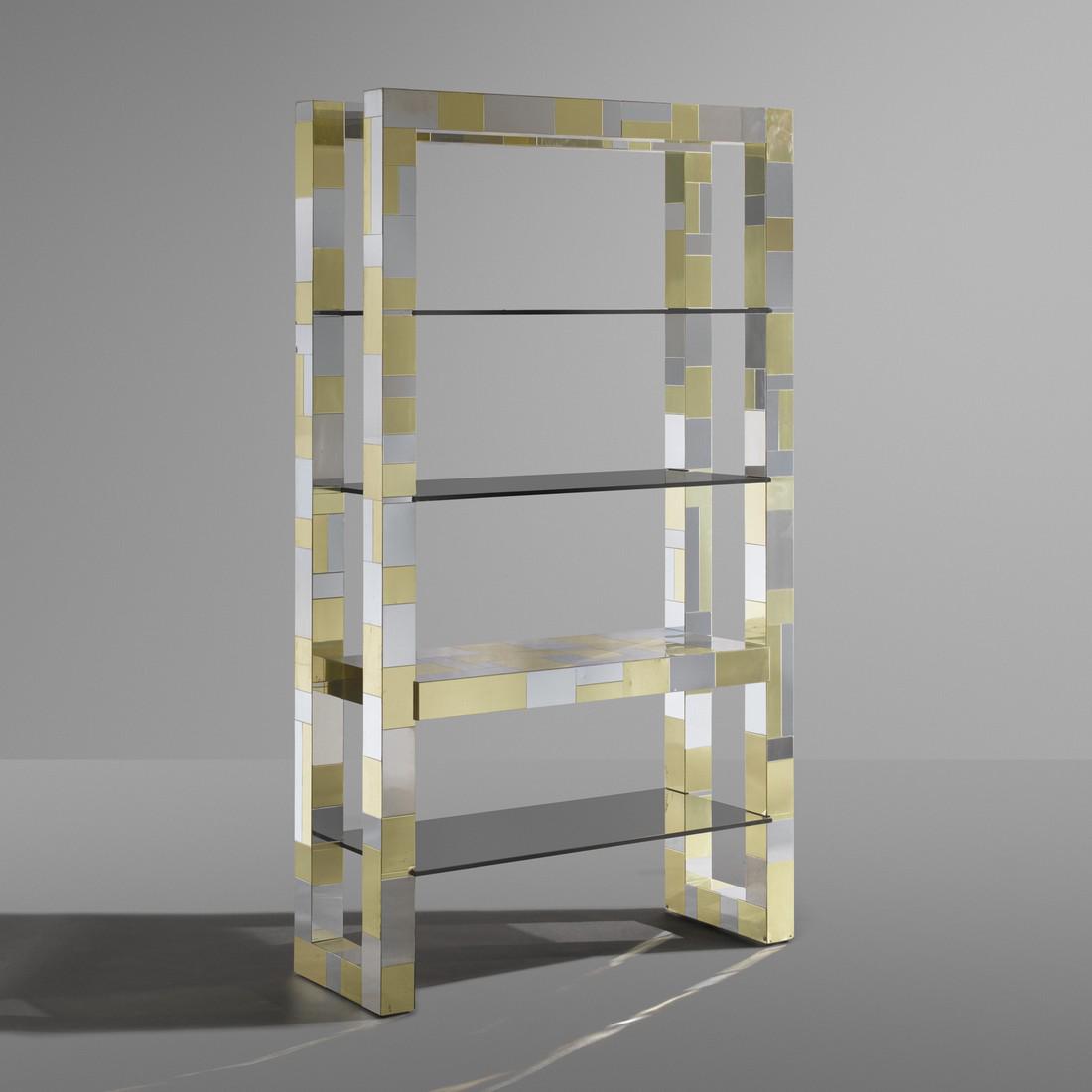 Paul Evans, Cityscape bookshelf, PE 200 series: Paul Evans Cityscape bookshelf, PE 200 series Paul Evans Studio for DirectionalUSA, c. 1975chrome-plated steel, brass48 w x 18 d x 84.5 h in (122 x 46 x 215 cm)