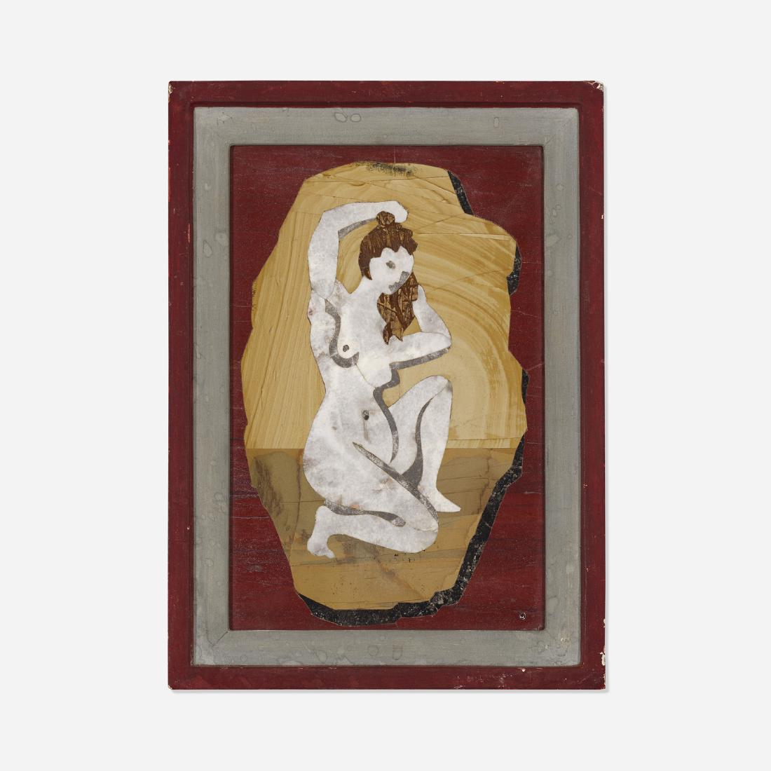 Richard Blow, Pietra Dura panel: Richard Blow Pietra Dura panel MonticiUSA, 1957hand-cut hardstone inlay8.75 h x 6 w in (22 x 15 cm) Inlaid cipher to lower right: [M]. Signed with incised mark to reverse: [Made in Italy VI