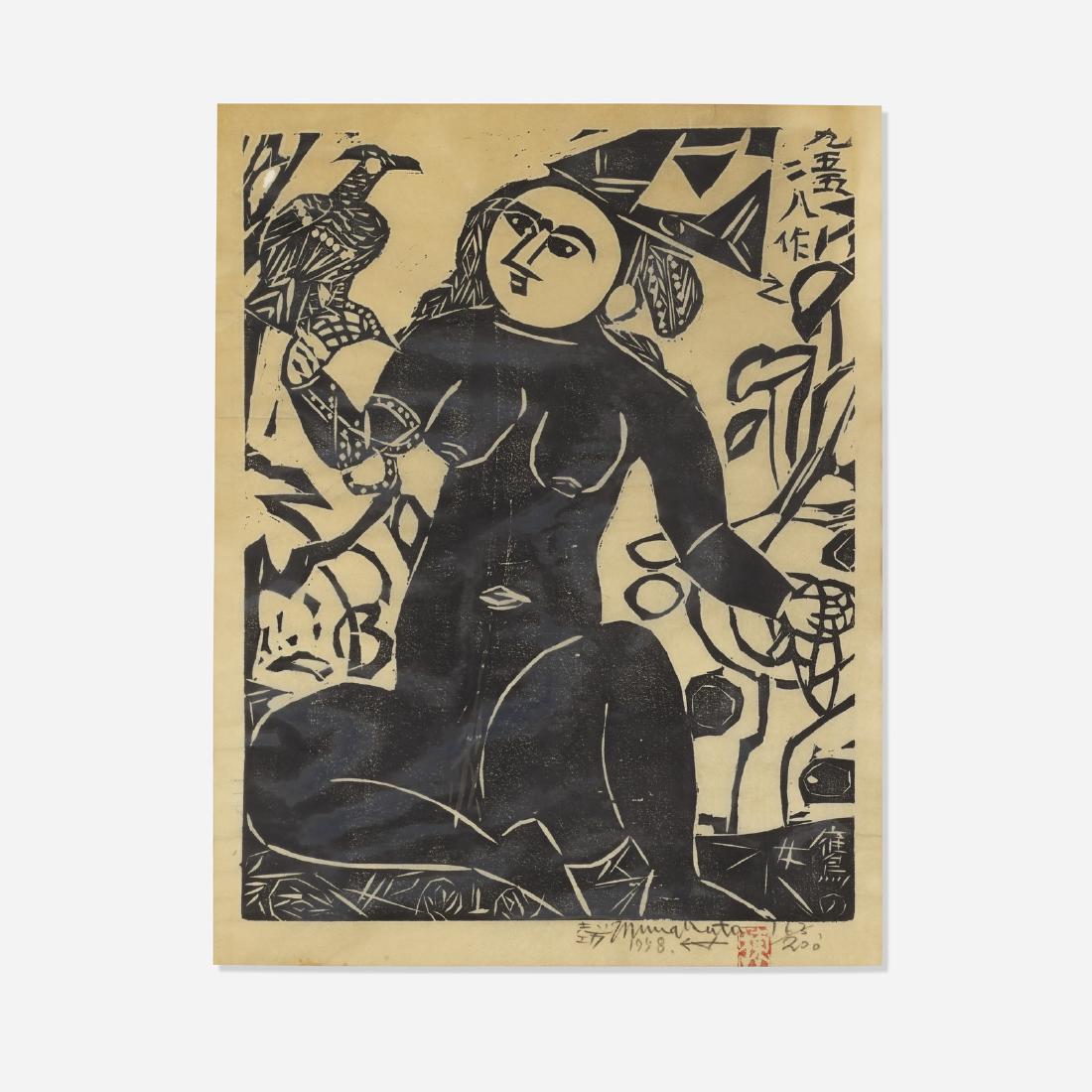 Shiko Munakata, Hawk Woman: Shiko Munakata Hawk Woman 1955/1958 woodblock and ink on paper Signed, dated and numbered to lower edge 'Munakata 1958 163/200'. This work is number 163 from the edition of 200. Provenanc