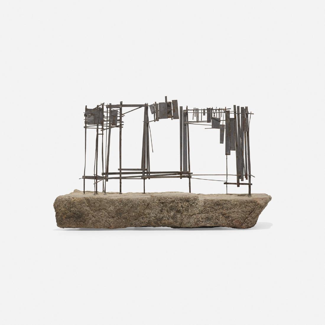 Richard Schultz, Untitled (Multi-Plane Construction): Richard Schultz Untitled (Multi-Plane Construction) USA, c. 1965steel, granite14 w x 4.25 d x 8.5 h in (36 x 11 x 22 cm) This early sculpture was created using a stone from the artist's yard and
