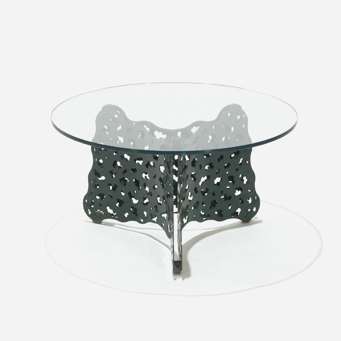 Richard Schultz, Prototype Topiary coffee table: Richard Schultz Prototype Topiary coffee table Richard Schultz Design, Inc.USA, c. 1996powder-coated aluminum, glass30 dia x 16.5 h in (76 x 42 cm) This prototype coffee table has three-sid