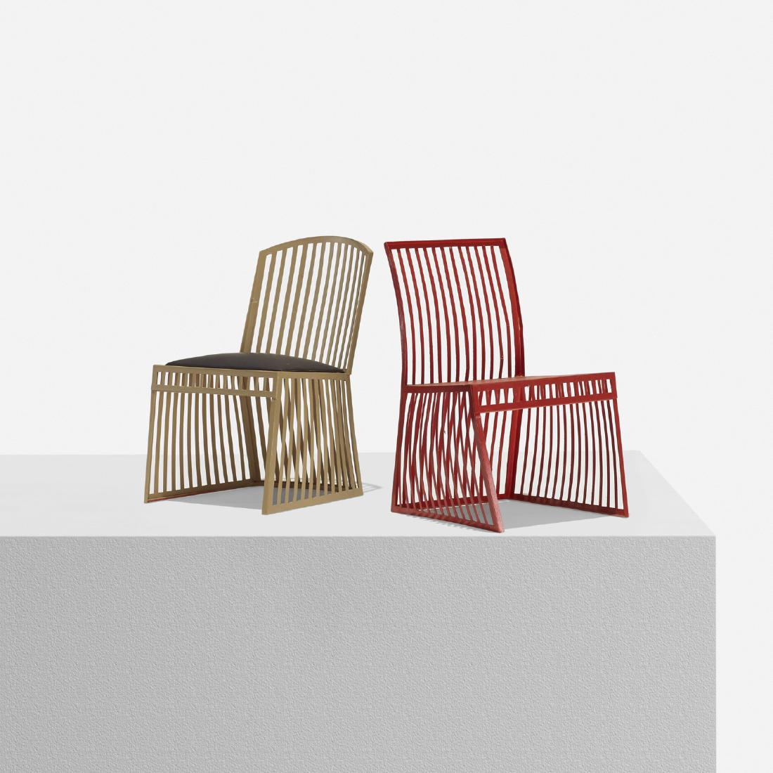 Richard Schultz, Models for dining chairs, set of two: Richard Schultz Models for dining chairs, set of two USA, 1989hand-cut matte board, lacquered cardstock, lacquered wood5 w x 6.5 d x 8 h in (13 x 17 x 20 cm) These dining chair designs were never